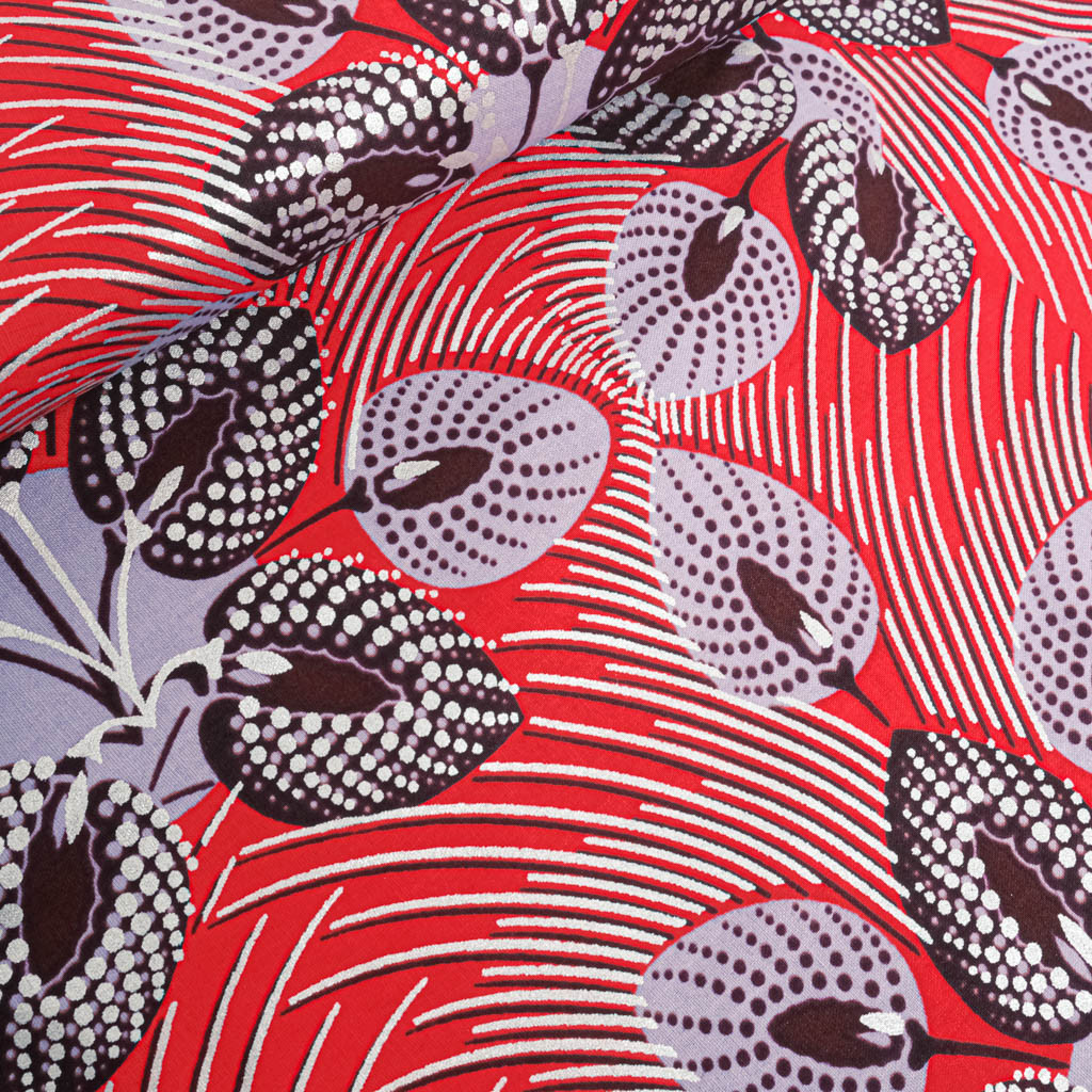 Tissu Wax Rouge Motif Parme Lurex - Maison Klem